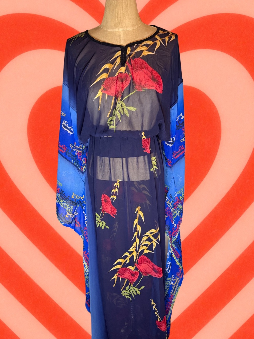 Sheer Navy Floral Maxi Dress with Red Poppy Print